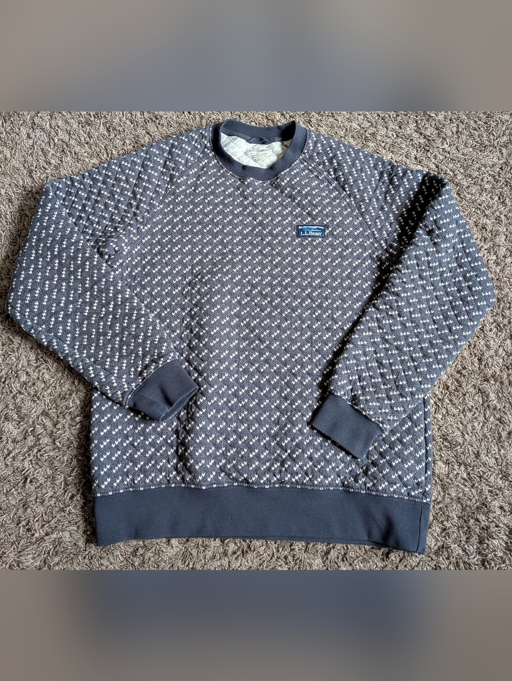 L.L. Bean Navy Cotton Blend Printed Trad Fit Quilted Crewneck Sweatshirt Men's M